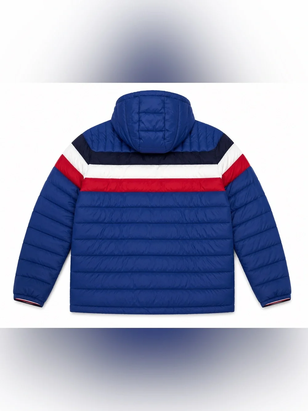 Tommy Hilfiger Men’s Puffer Jacket Medium Blue Red White Hooded Full Zip